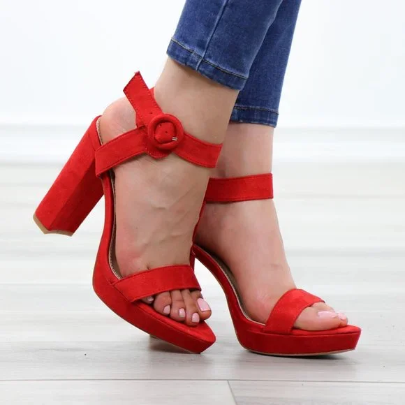Faux Suede Red Platform Open Pointy Toe High Heels - Picture 5 of 14